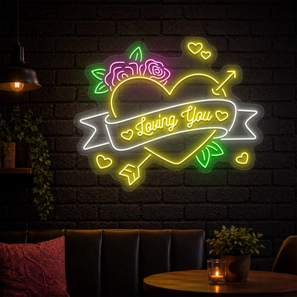 Loving You Rose Heart Arrow Neon Sign in yellow color