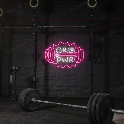 pink and white grl pwr gym neon sign mounted on a wall