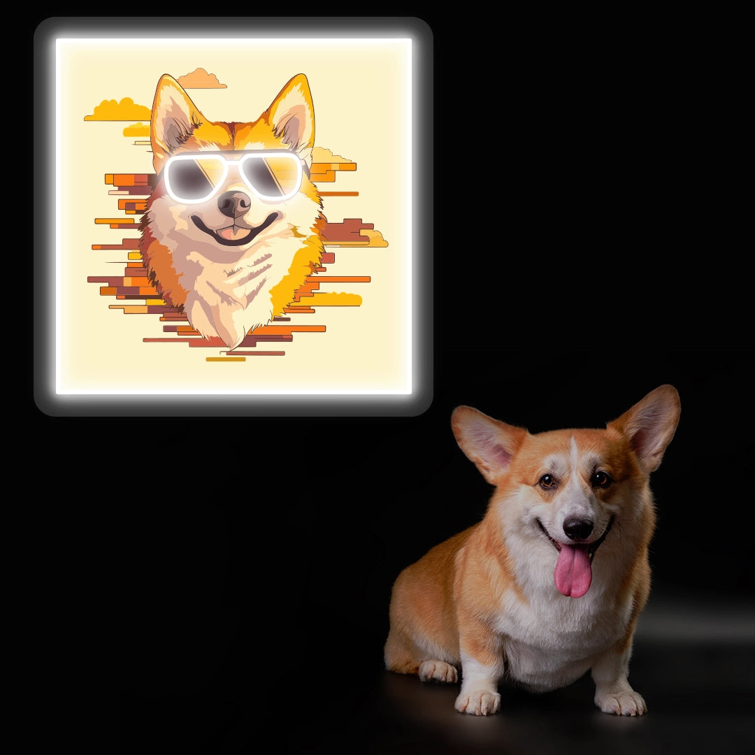 Cool Shades Corgi Neon Artwork in White Color