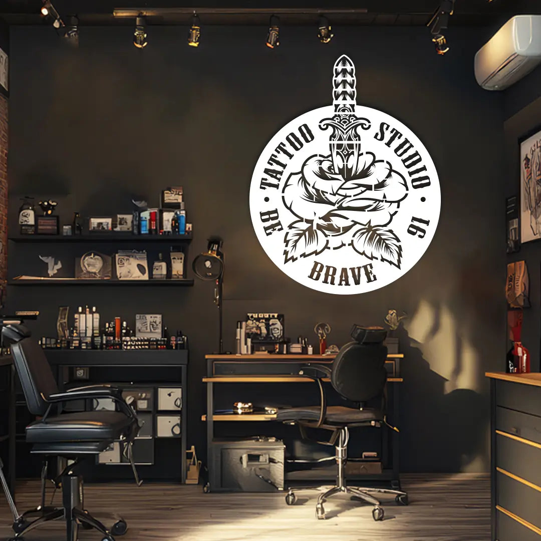 Rose Dagger Tattoo Studio Custom Metal Monogram in White Color