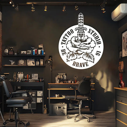 Rose Dagger Tattoo Studio Custom Metal Monogram in White Color