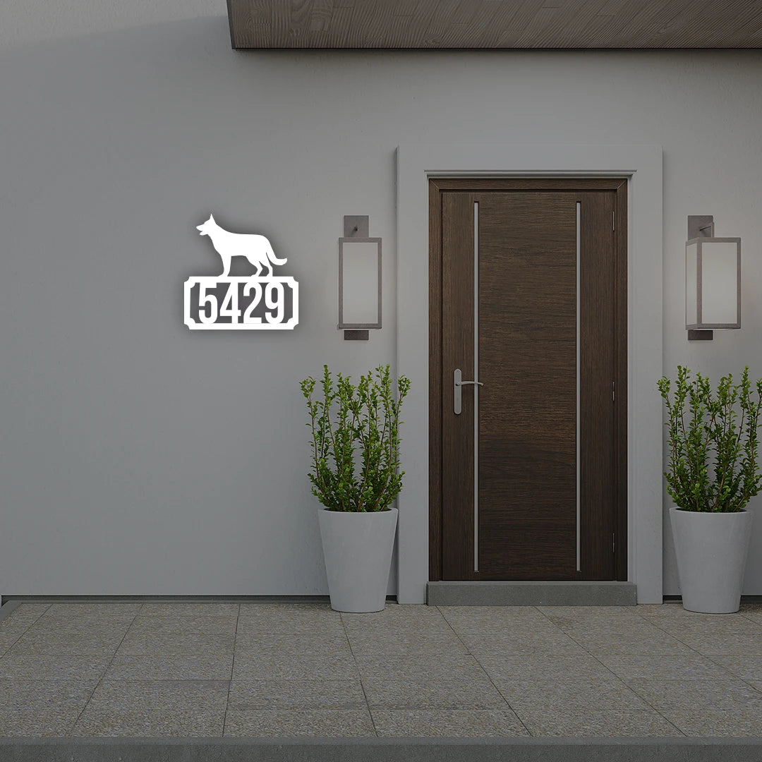 German Shepherd House Number Plate Custom Metal Monogram in White color