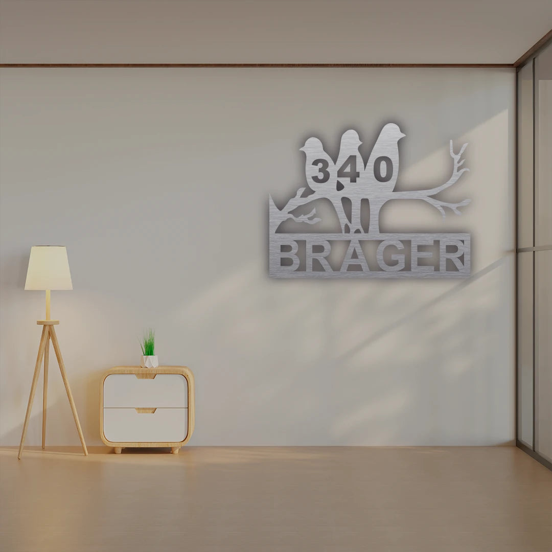 Bird Family House Number Name Custom Metal Monogram in silver finish