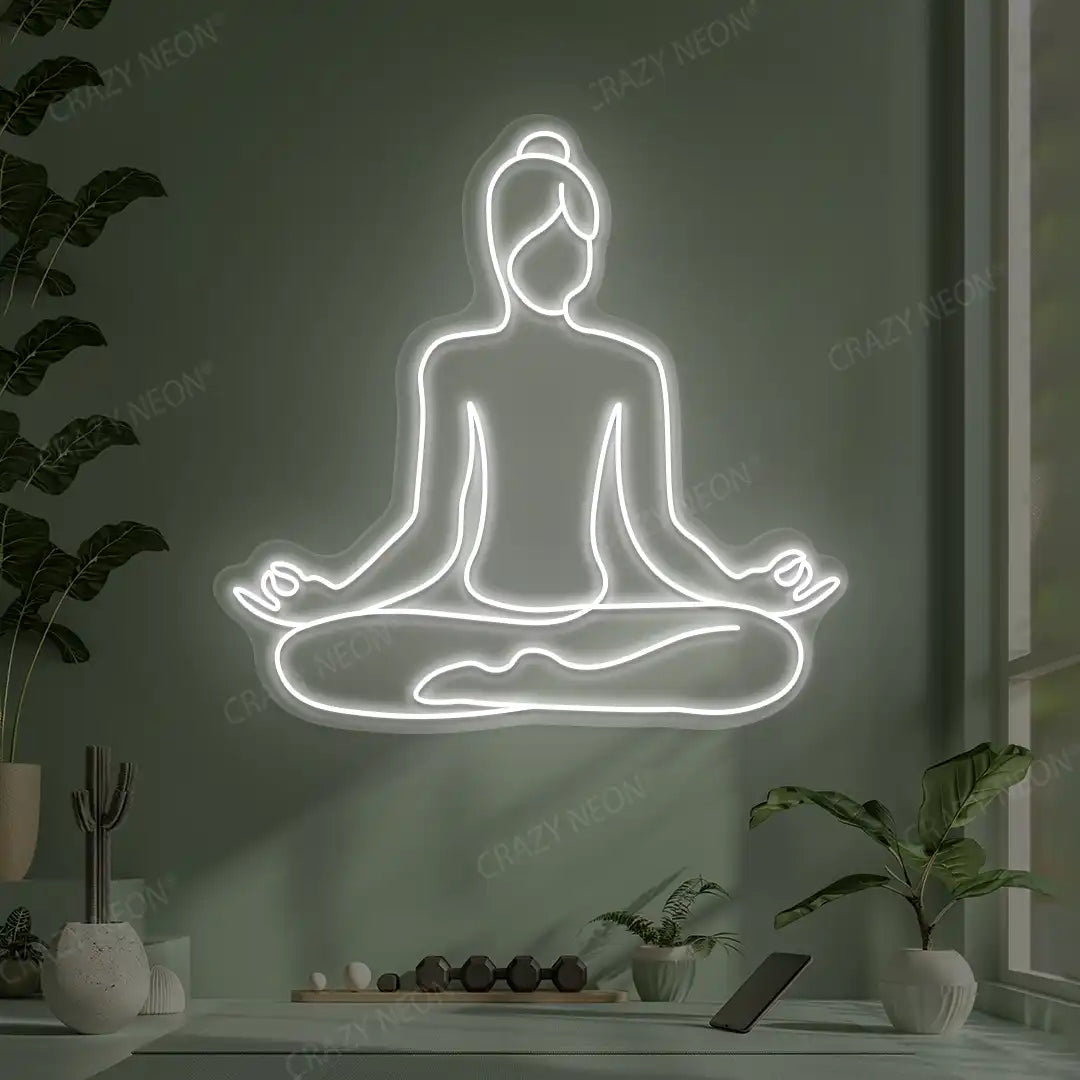 Swastikasana Contour Yoga Neon Sign lighting up in white color in a yoga room