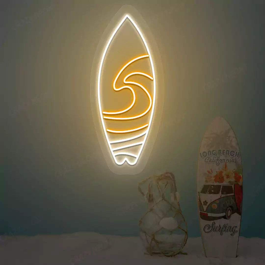 orange and white surfboard beach neon sign mounted on a wall