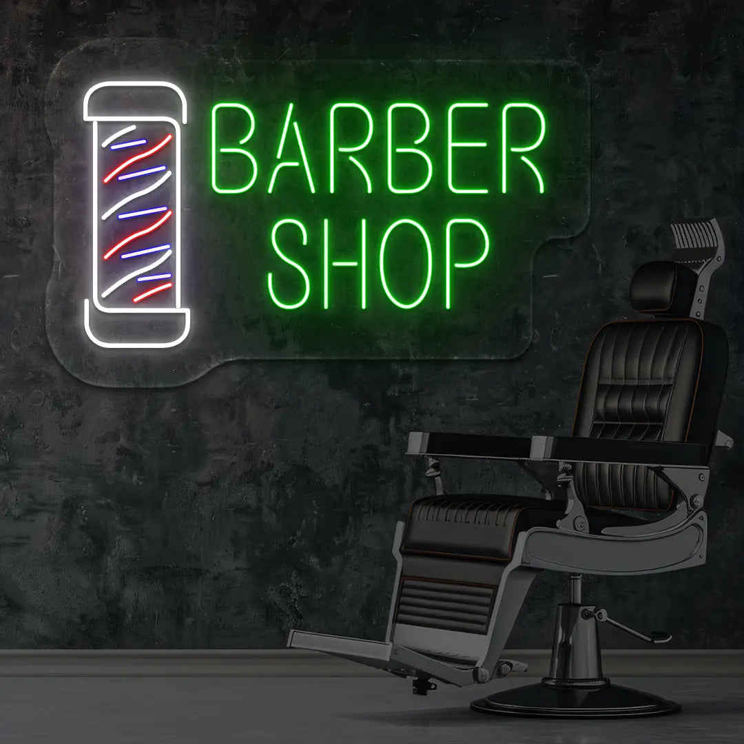 Barber Shop LED Neon Sign in Green Colour mounted on wall 