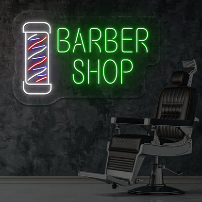 Barber Shop LED Neon Sign in Green Colour mounted on wall 