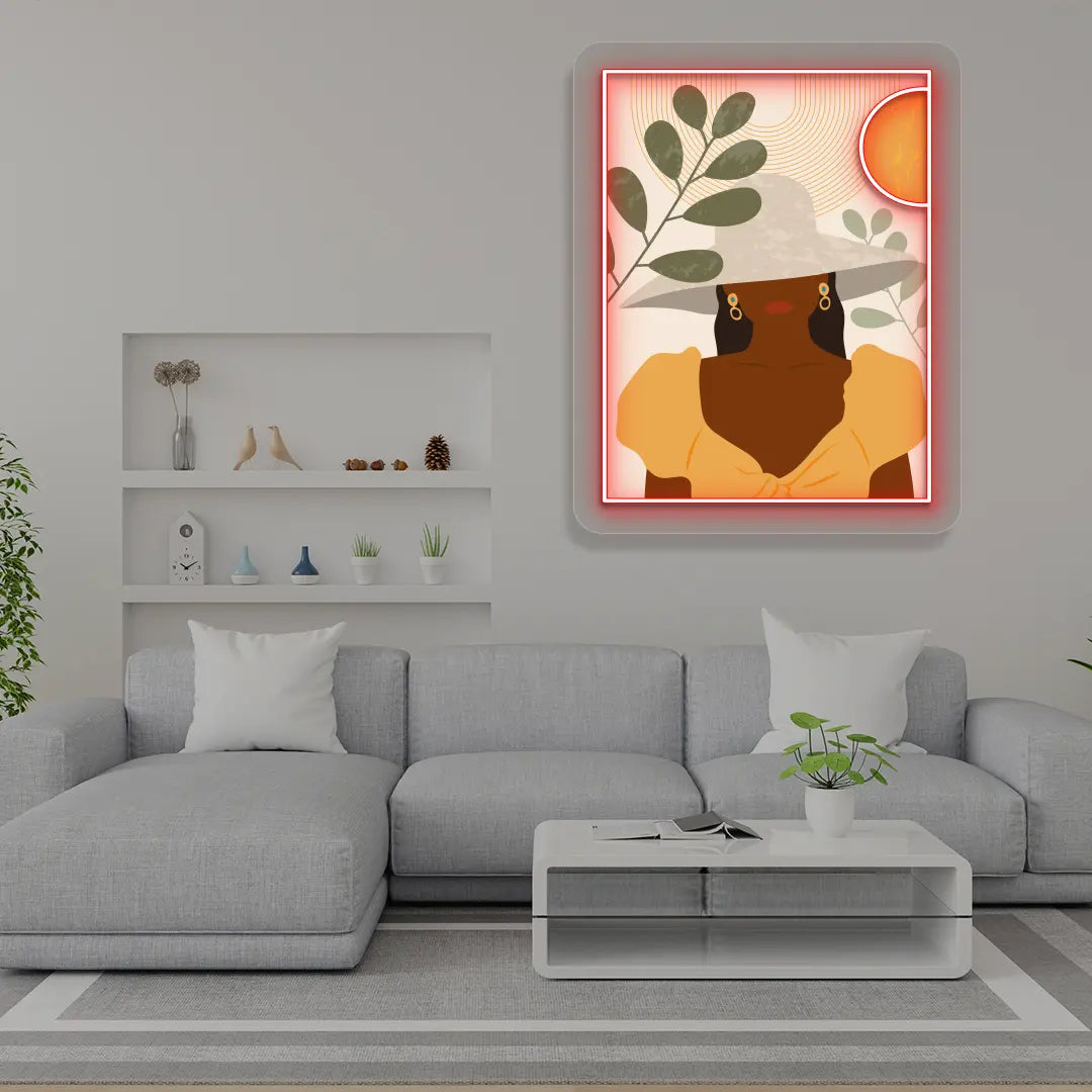 red boho lady abstract Neon Artwork Sign mounted on a wall