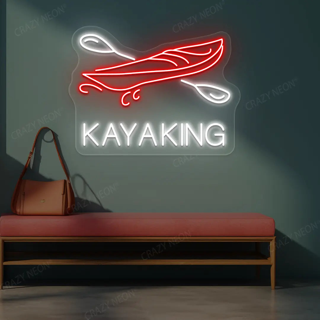 red and white kayaking boat neon sign mounted on a wall