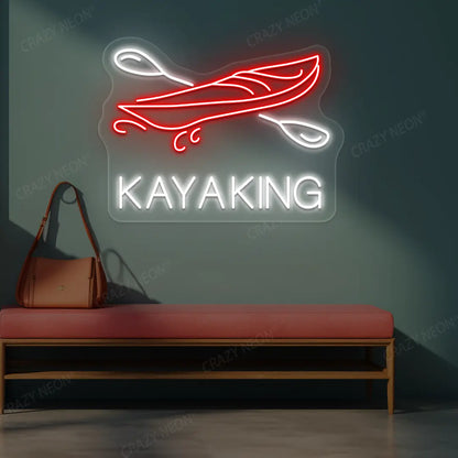 red and white kayaking boat neon sign mounted on a wall