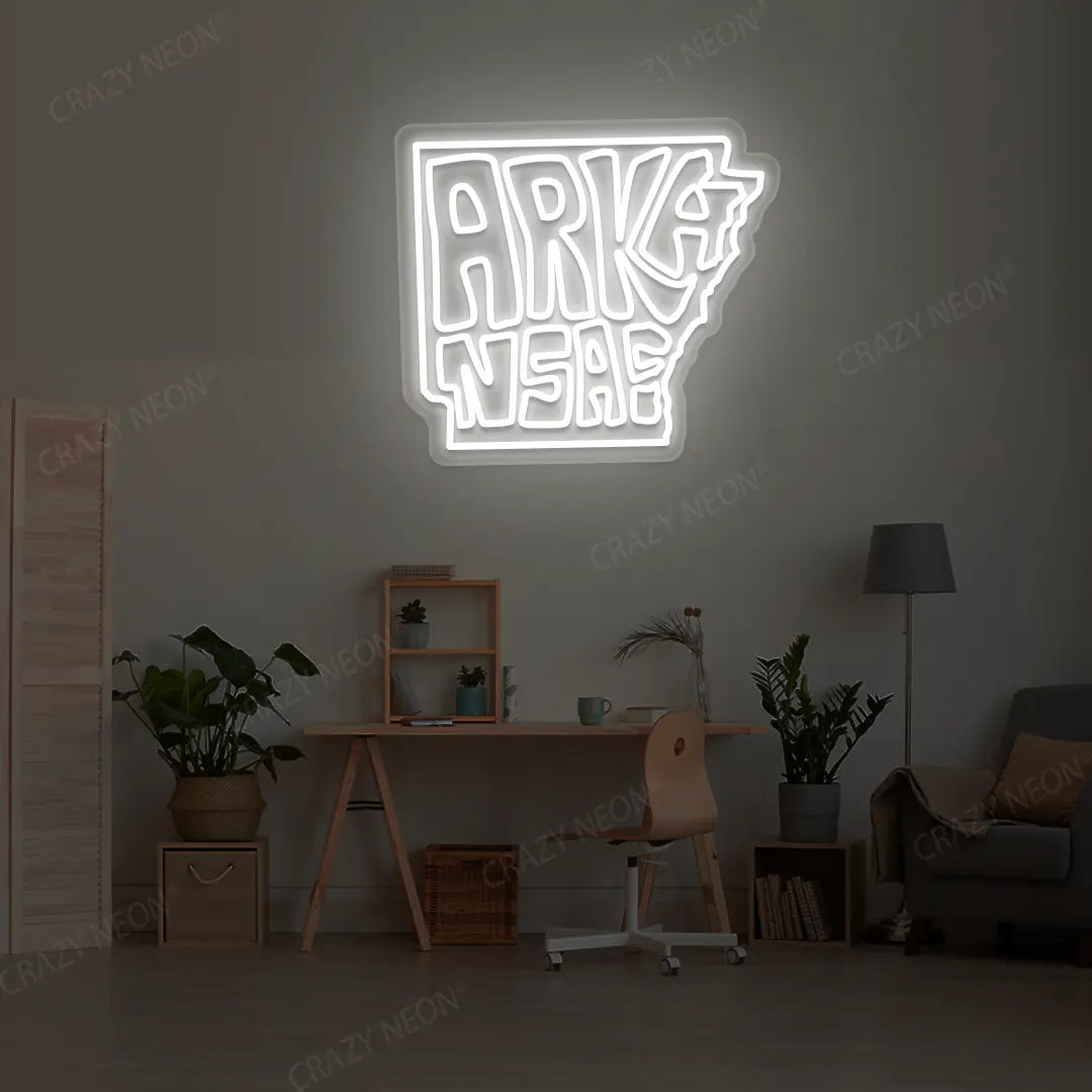 ARKANSAS Map Neon Sign lighting up in white color in a room