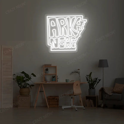 ARKANSAS Map Neon Sign lighting up in white color in a room