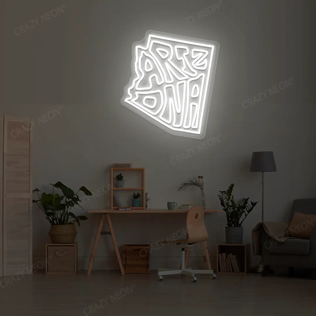 ARIZONA Map Neon Sign lighting up in white color in a room