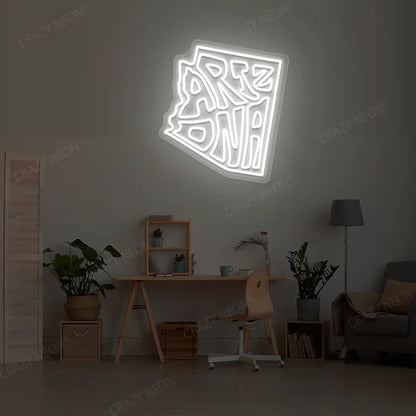 ARIZONA Map Neon Sign lighting up in white color in a room