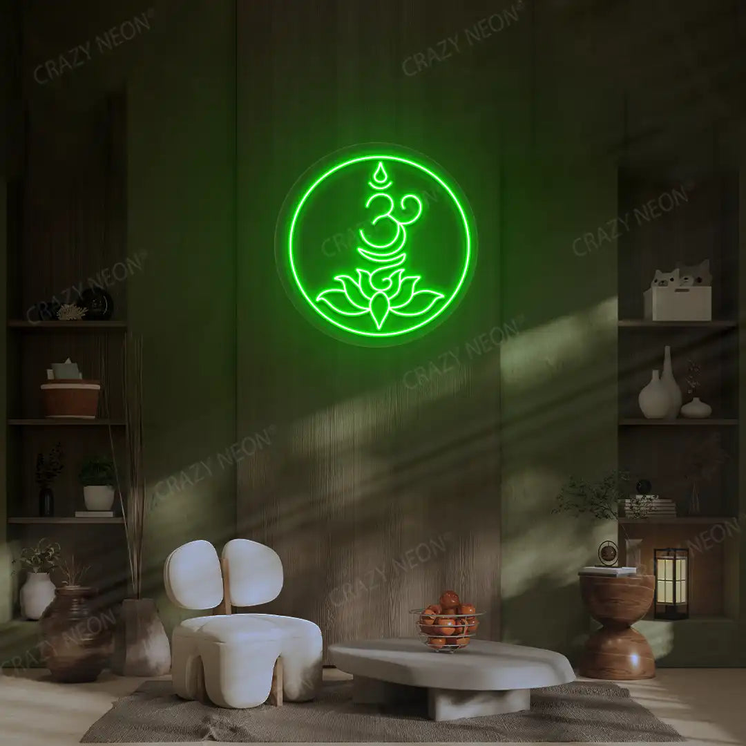 Om Lotus Neon Sign lighting up in green color in a yoga room