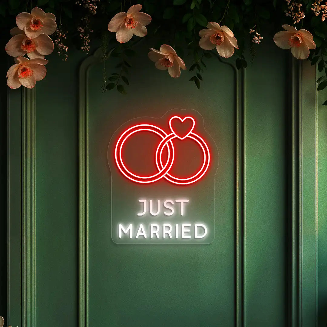 Just Married Rings Wedding Neon Sign in Red color