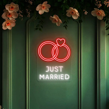 Just Married Rings Wedding Neon Sign in Red color