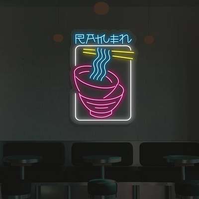 ice blue white yellow and pink ramen duo neon sign mounted on a wall