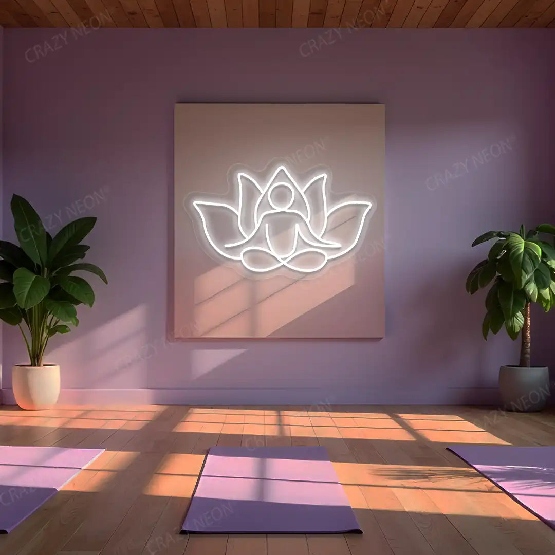 Lotus Meditation Neon Sign lighting up in white color in a yoga room