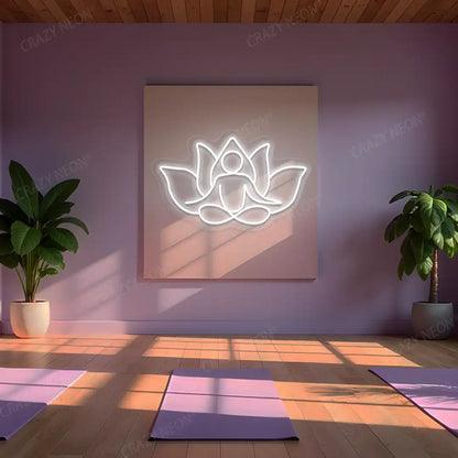Lotus Meditation Neon Sign lighting up in white color in a yoga room