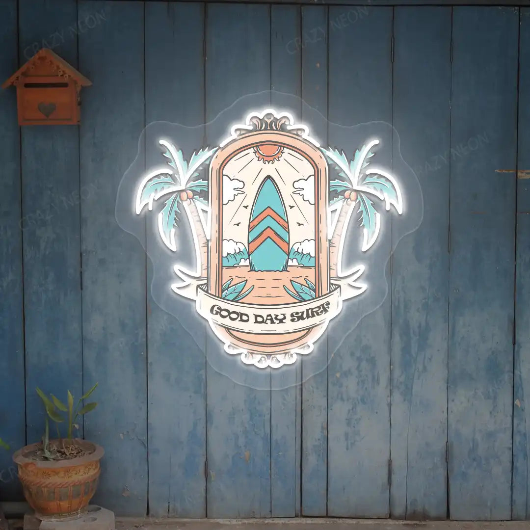 white good day surf beach neon artwork mounted on a wall