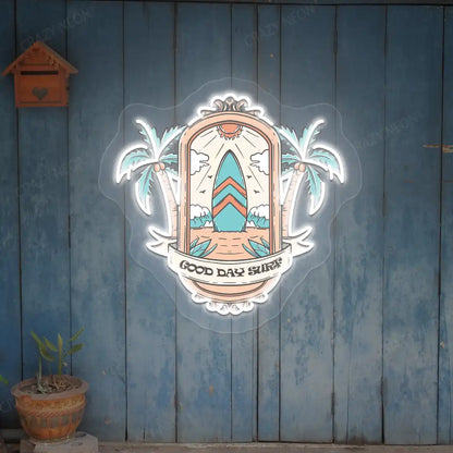 white good day surf beach neon artwork mounted on a wall