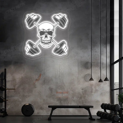 white skull cross dumbbell gym neon artwork mounted on a wall