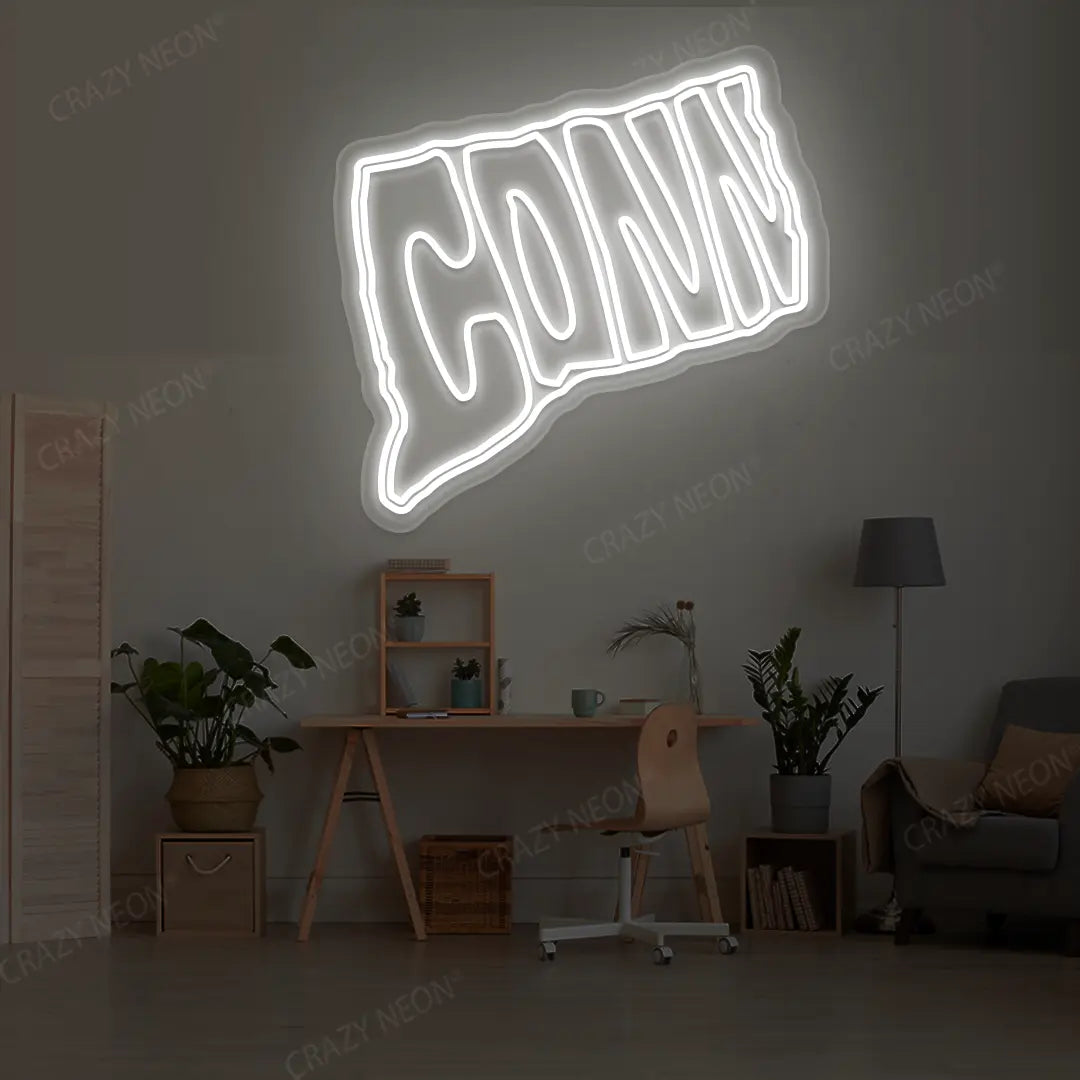 CONNECTICUT Map Neon Sign lighting up in white color in a room