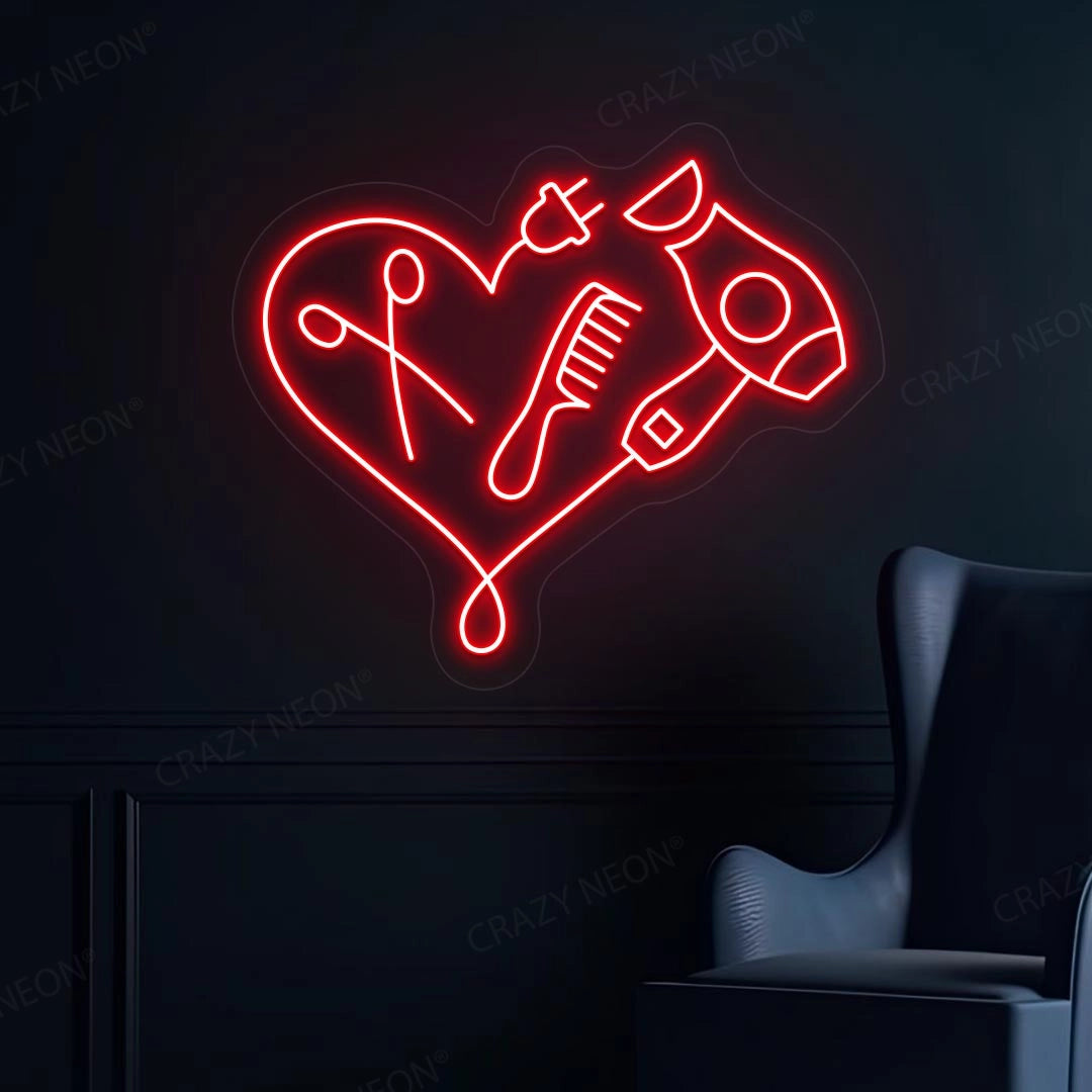 Hair Dryer Combs Clippers Heart Neon Sign | Red 