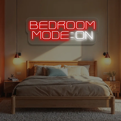 red and white bedroom mode on neon sign mounted on a wall