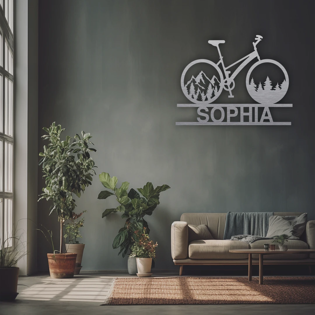 Mountain Bicycle Name Personalized Metal Monogram in Silver finish