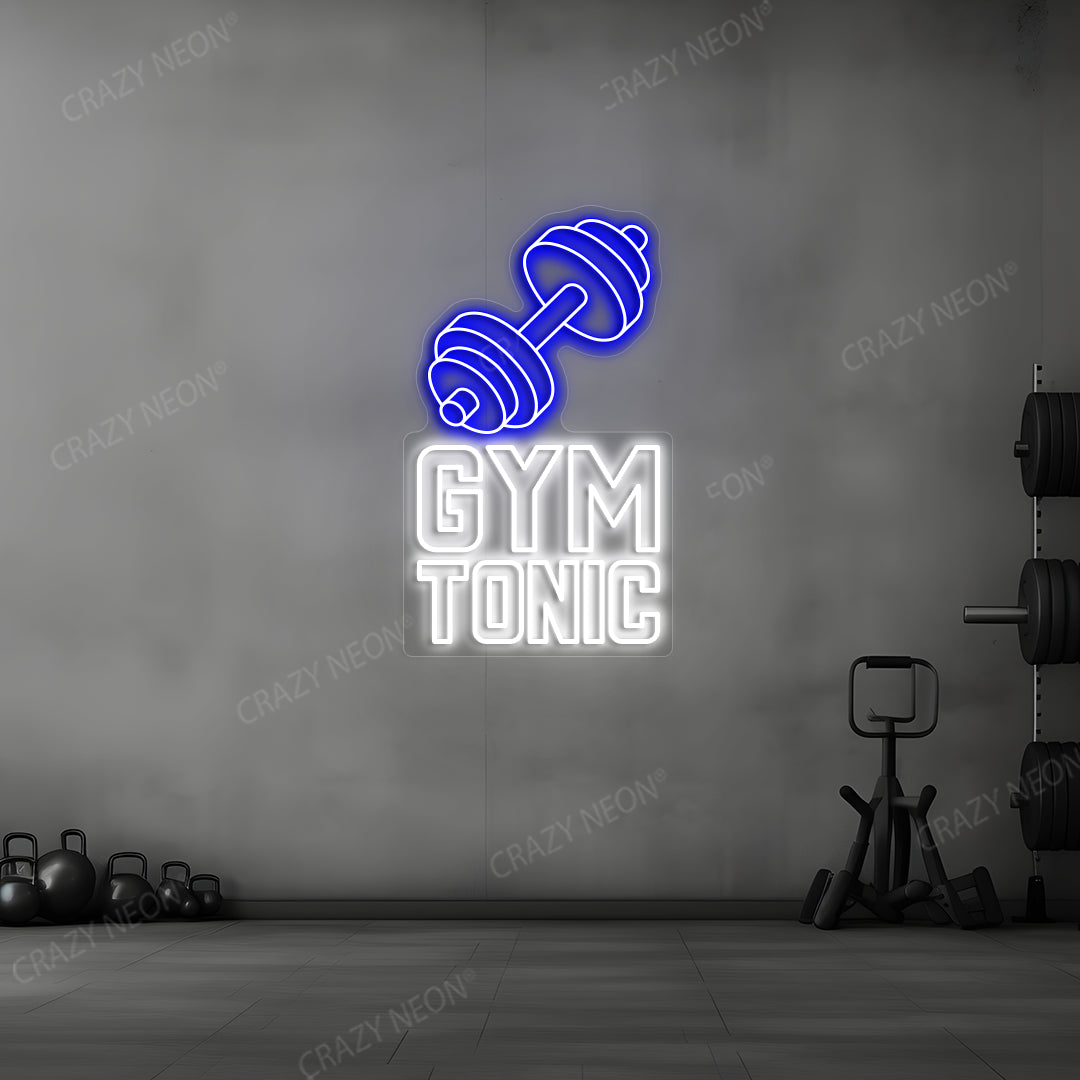 blue and white gym tonic barbell neon sign mounted on a wall