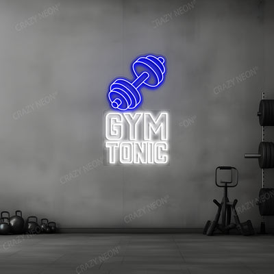 blue and white gym tonic barbell neon sign mounted on a wall