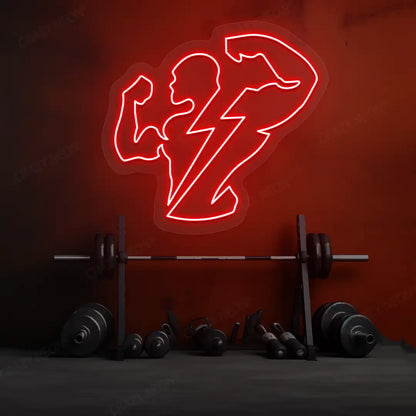 red thunder bolt physique neon sign mounted on a wall