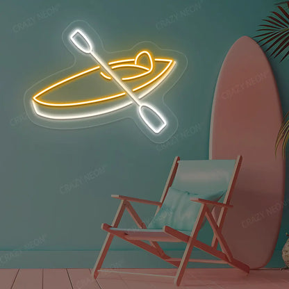 orange and white boat paddle neon sign mounted on a wall