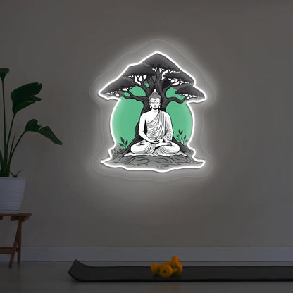 Buddha under Bodhi Neon Artwork lighting up in White color in room