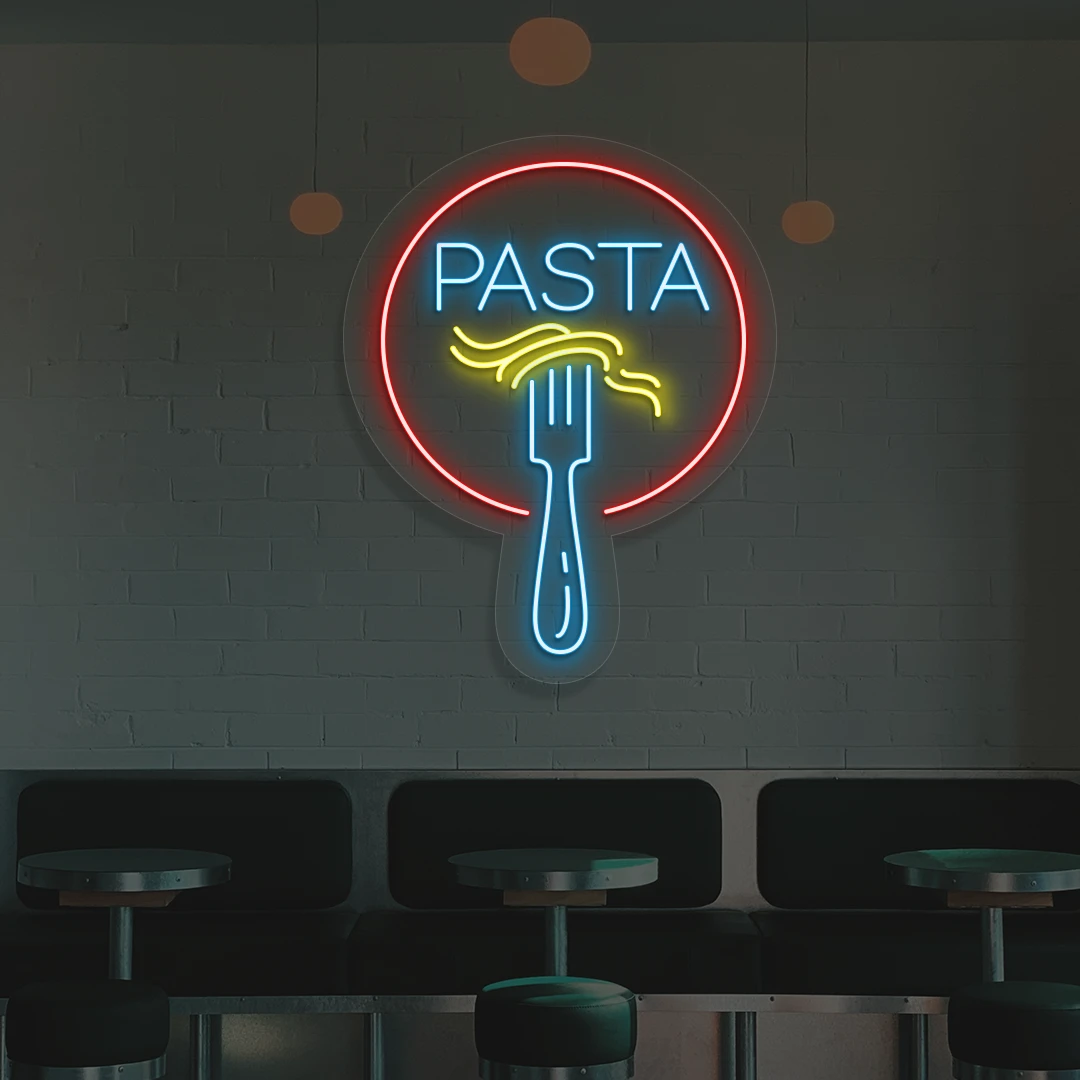ice blue yellow and red fork and pasta neon sign mounted on a wall