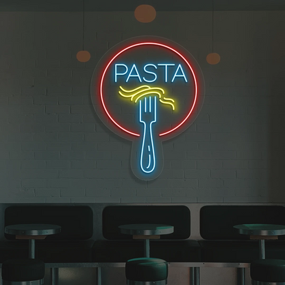 ice blue yellow and red fork and pasta neon sign mounted on a wall