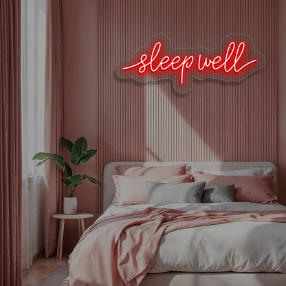 red sleepwell neon sign mounted on a wall