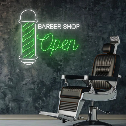 Barber Shop Open Neon Sign in Green color