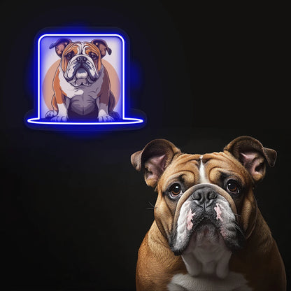Bulldog Portrait Neon Artwork in Blue Color