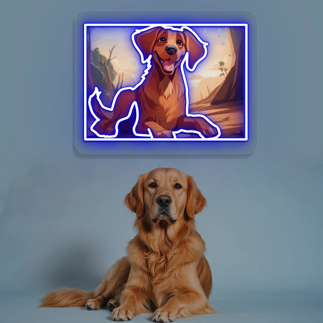 Golden Retriever Portrait Neon Artwork in Blue color