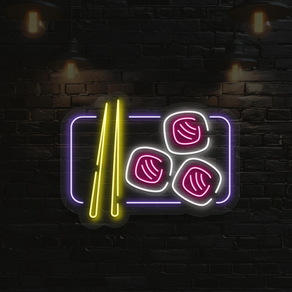 purple yellow pink and white sushi glow neon sign mounted on a wall