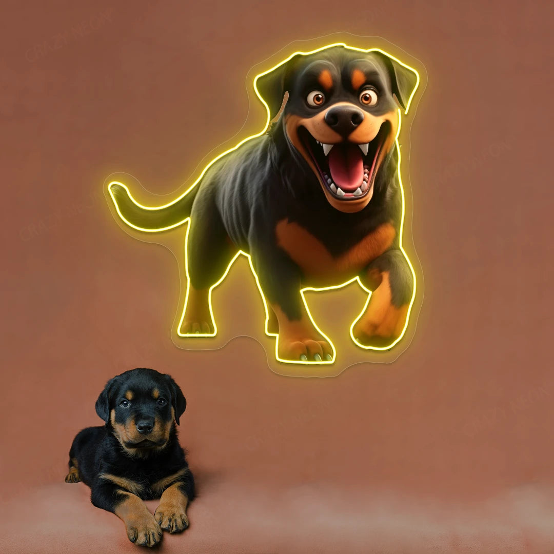 Playful Puppy Rottweiler Neon Artwork in yellow color