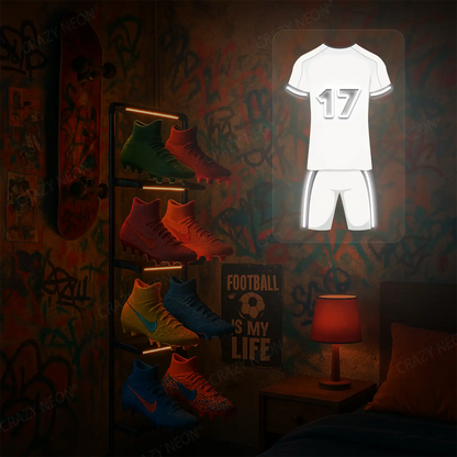 White football jersey neon artwork with number 17 glowing on a graffiti-covered wall