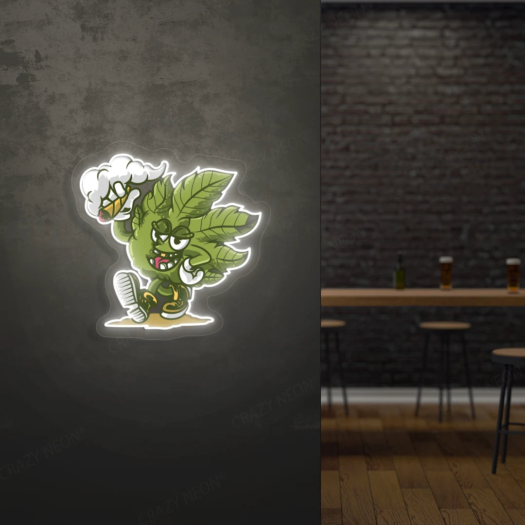 Cool Weed Leaf Character Neon Artwork in White color