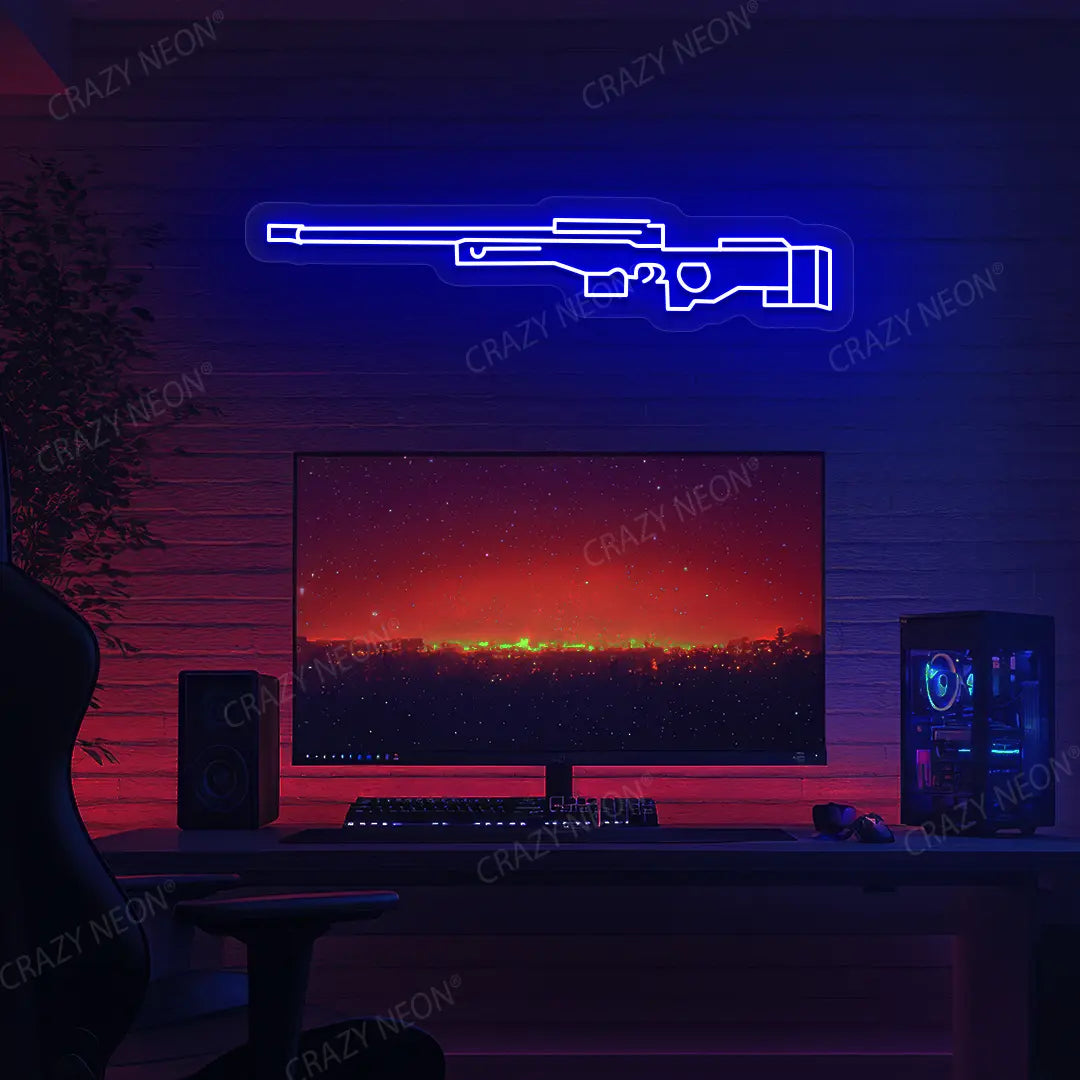 AWM Gaming Gun Neon Sign in Blue color