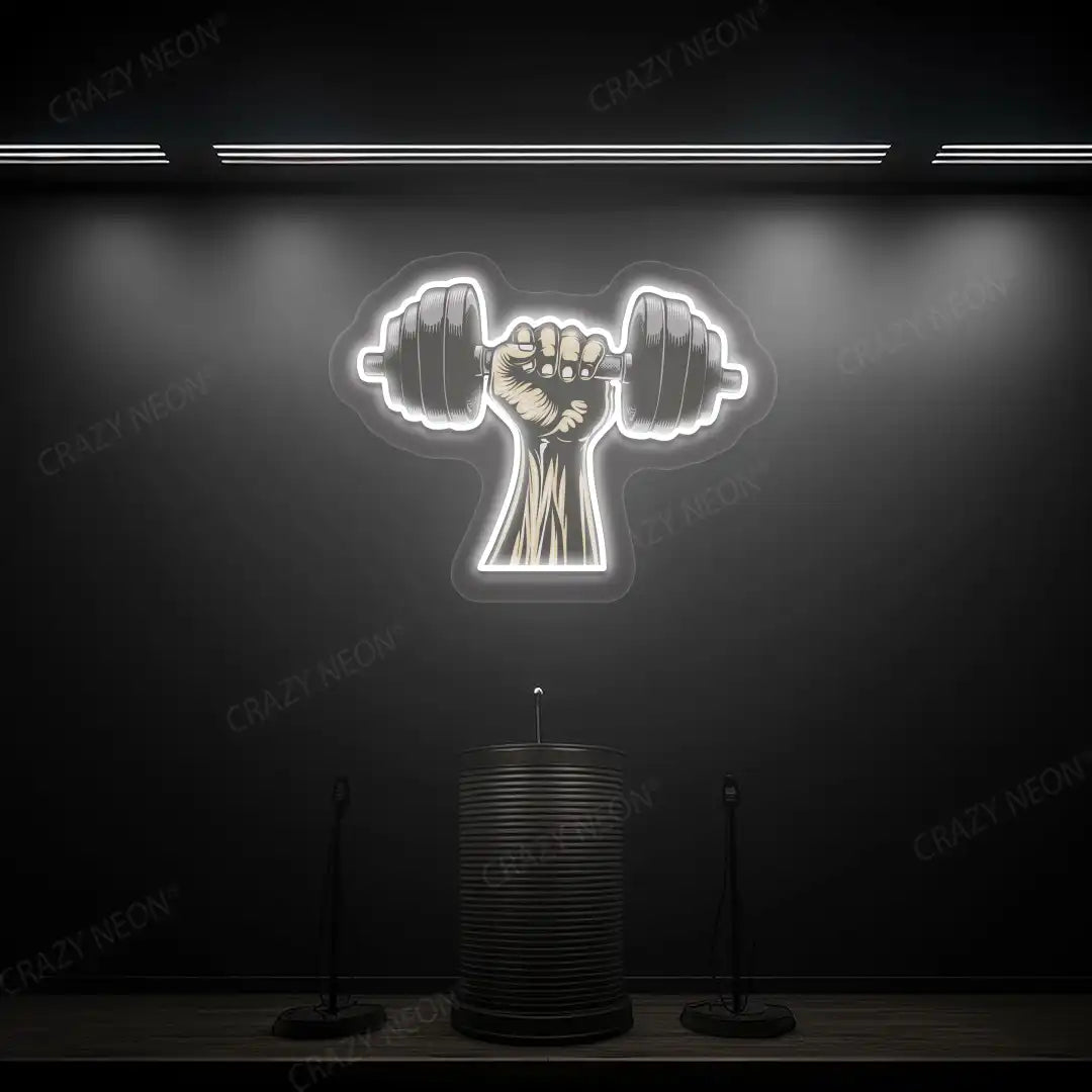white hand lifting dumbbell gym neon artwork mounted on a wall