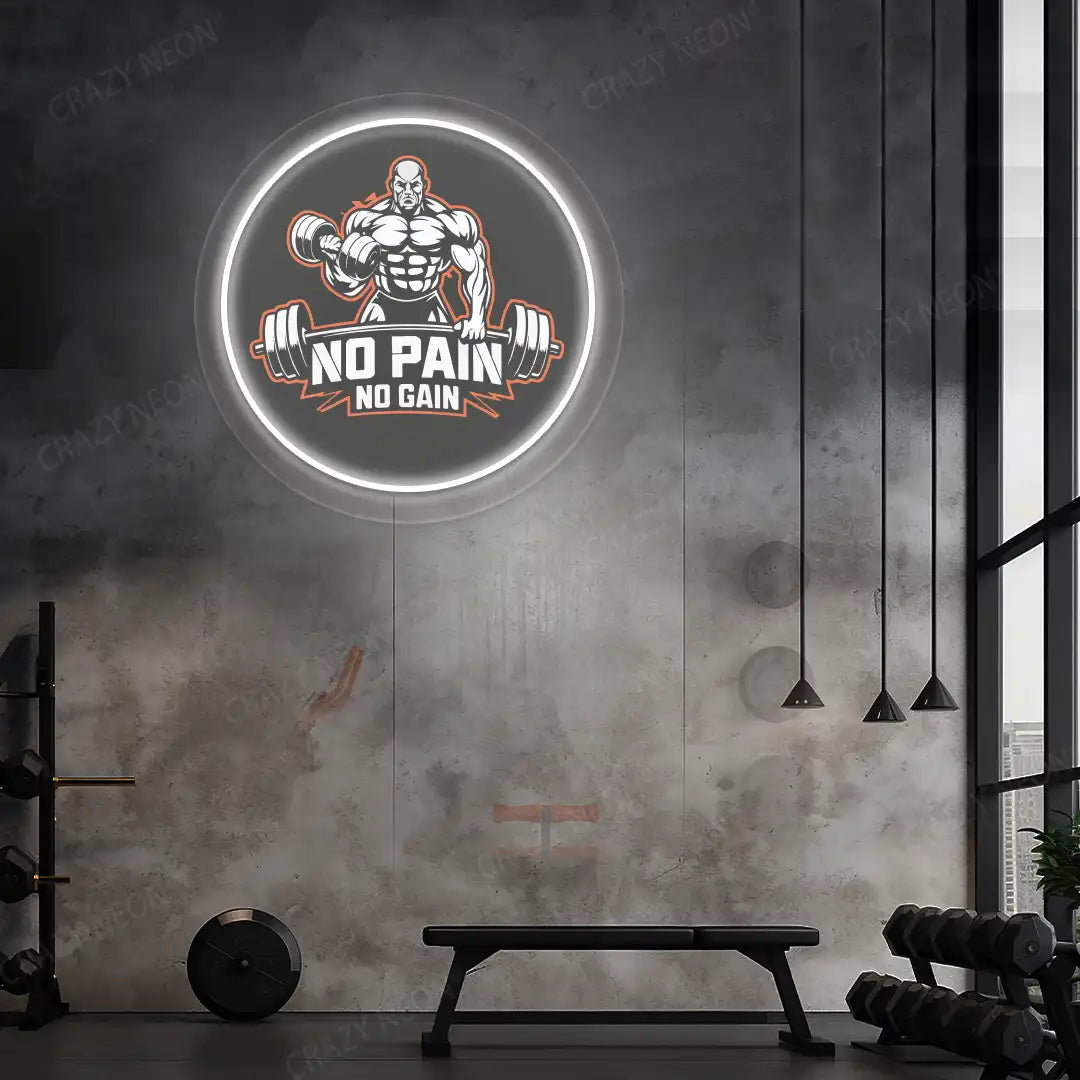 white no pain no gain gym neon artwork mounted on a wall