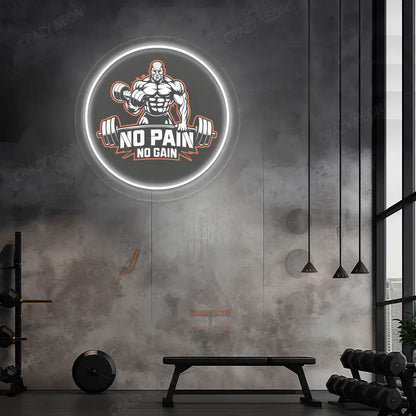 white no pain no gain gym neon artwork mounted on a wall